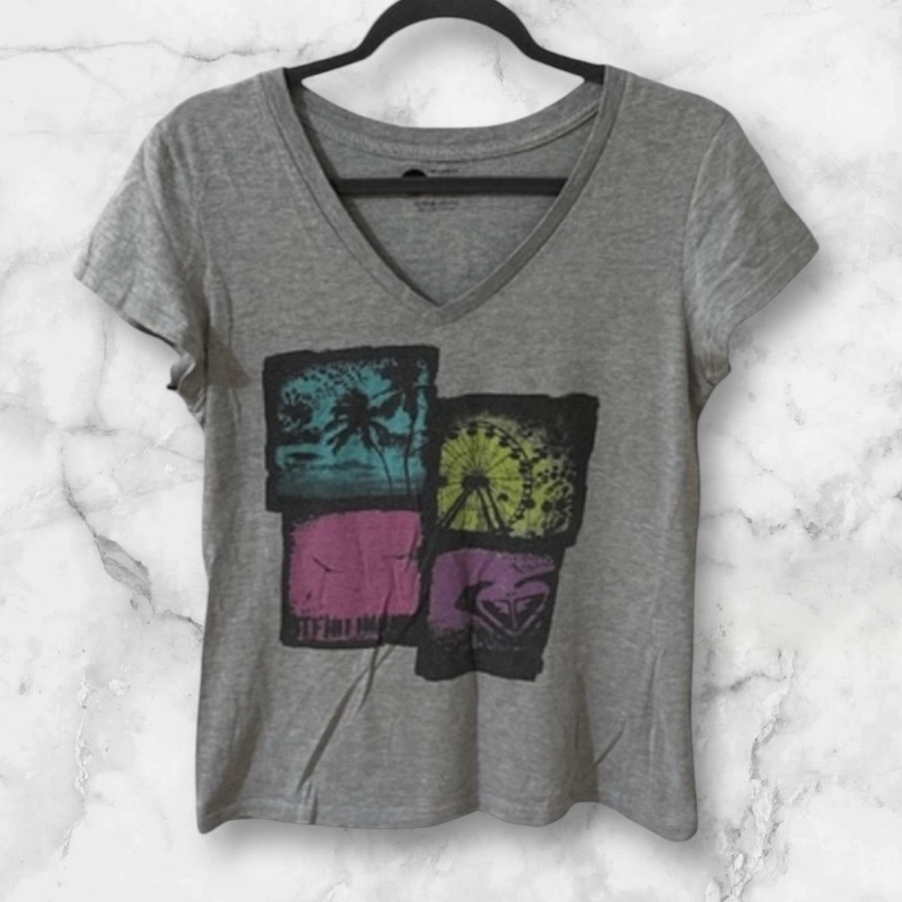 Roxy gray cap sleeve multicolored graphic print Tee shirt X-Large